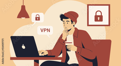 Man Using Vpn For Secure Connection Working On Laptop At Home Illustration