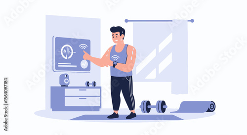 Man Using Smart Home Fitness Technology For Personalized Workout Routine At Home