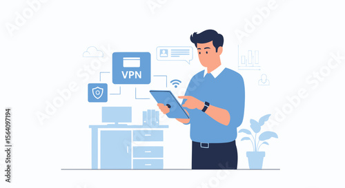 Man Utilizing Secure Vpn Connection On Tablet For Confidential Online Activity