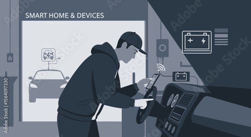 Modern Connected Lifestyle Man Using Smartphone In A Smart Home Garage Setting