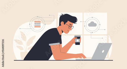 Man Working Remotely With Laptop And Coffee Illustrating Cloud Network Concept