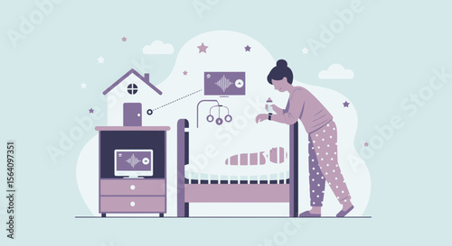 Mother Monitoring Baby With Smart Home Technology During Nighttime Routine