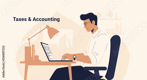 Man Works From Home On Taxes And Accounting With A Laptop At The Desk