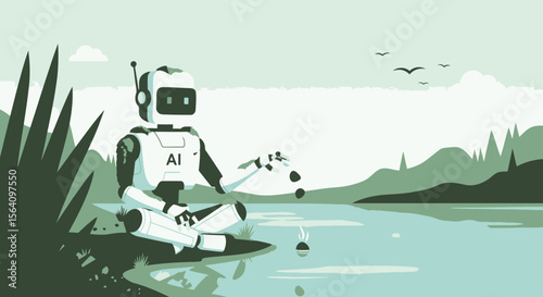 Meditative Robot Contemplating Nature In Tranquil Lakeside Scene With Relaxing View