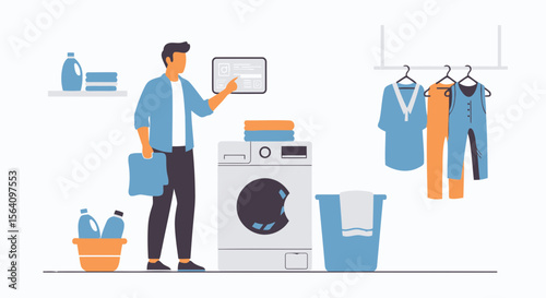 Modern Laundry Day Flat Vector Illustration with Smart Technology Integration