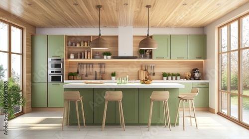 Modern kitchen with green cabinets, white counters, wooden ceiling, and pendant lights. A cozy island setup and warm tones.