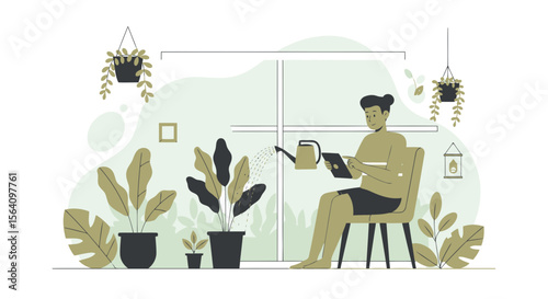 Person Watering Plants While Using Tablet At Home Modern Lifestyle Illustration