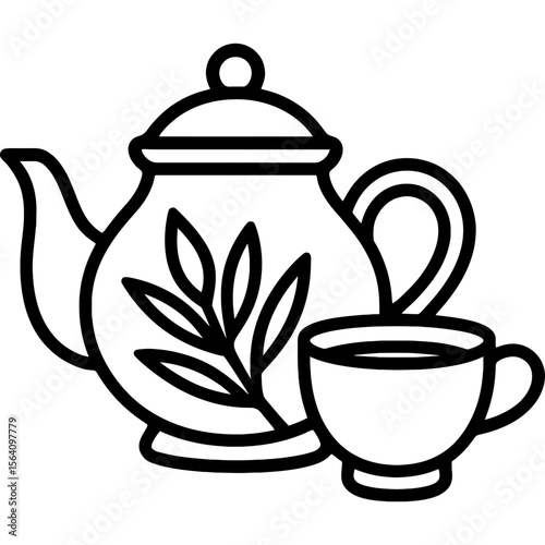 African tea rooibos teapot cup leaves outline icon vector