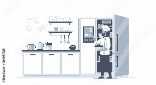 Modern Kitchen Scene Chef Inspects Inventory Using Smart Fridge Display Screen