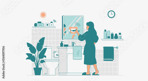 Morning Ritual Illustration Woman In Bathrobe Brushing Teeth In Bathroom Hygiene