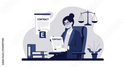 Professional Female Lawyer Reviewing Contracts in Office Environment Illustration