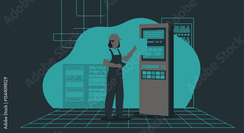 Network Technician Working With Server Racks In Data Center Illustration