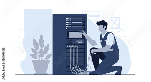 Network Engineer Maintaining Server Rack In Data Center For Optimal Performance