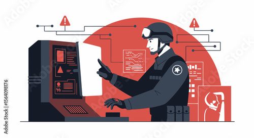 Officer Monitoring Cyber Security Threats At Computer Station With Digital Red Alerts