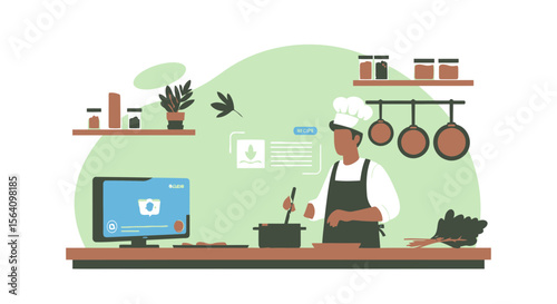 Online Cooking Class Stream By Male Chef At Home Kitchen Recipe Concept
