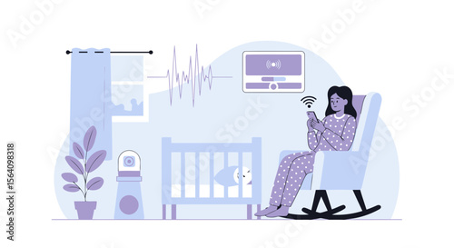 Mother Using Baby Monitor App On Mobile Device In Nursery Room At Home
