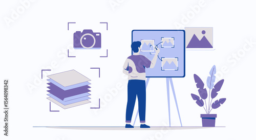 Photographer Analyzing Images on Whiteboard With Digital Tool Concept
