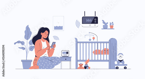 Relaxed Mother Using Smartphone Near Sleeping Infant in Nursery Room