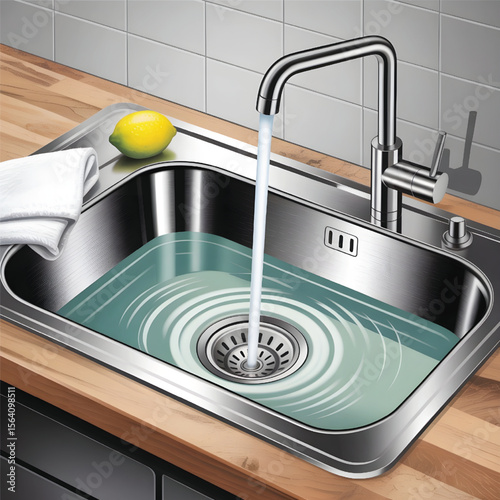 Modern Stainless Steel Kitchen Sink with Running Water and Lemon – Clean and Fresh
