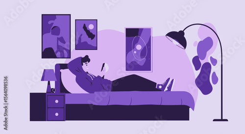Relaxing Indoors Man Using Mobile Phone At Home With Modern Artworks