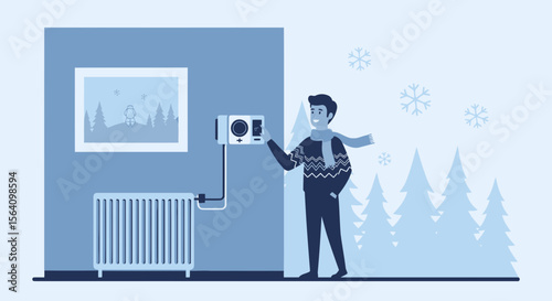 Person Adjusting Smart Thermostat At Home During Winter Season