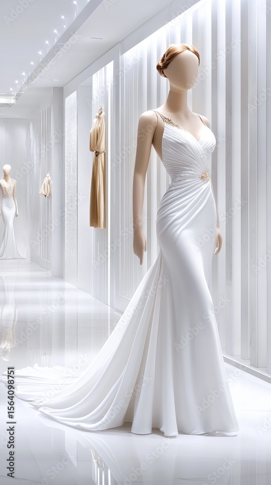 Fototapeta premium Mannequin displays a white wedding dress with elegant draping in a bright, minimalist retail setting.