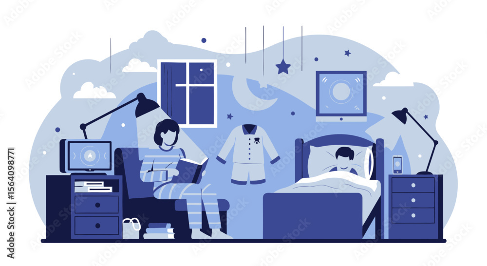 Fototapeta premium Reading At Night Before Sleeping In Comfortable Interior Scene Illustration
