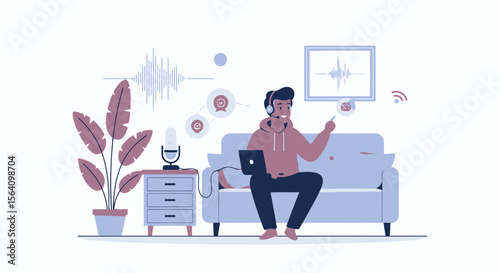 Remote Podcast Recording Illustration Young Man Hosting Online Radio Show