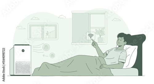 Person In Bed Controlling Smart Home Devices With An Air Purifier