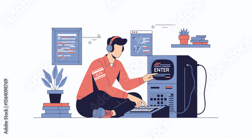 Retro Coder Developing Application With Old Computer And Programming Environment