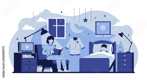 Reading At Night Before Sleeping In Comfortable Interior Scene Illustration