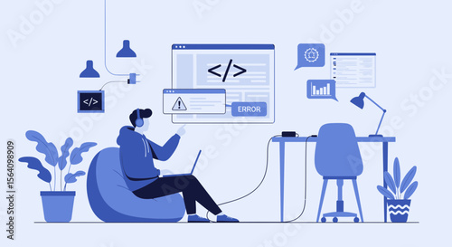 Remote Coder Works From Home Overcoming Technical Problem During Development Phase