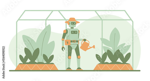 Robot Gardener Watering Plants Inside Greenhouse Illustrating Future Automation
