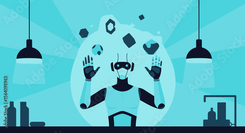 Robot Mixologist Juggling Geometrical Shapes in Blue Modern Setting