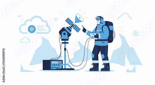 Researcher Analyzing Data From Satellite Station In Arctic Winter Expedition