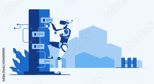 Robot Overseeing Complex System With Vr Headset In Urban Setting Illustration