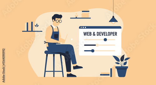 Professional Web Developer Working From Home Concept Flat Vector Design