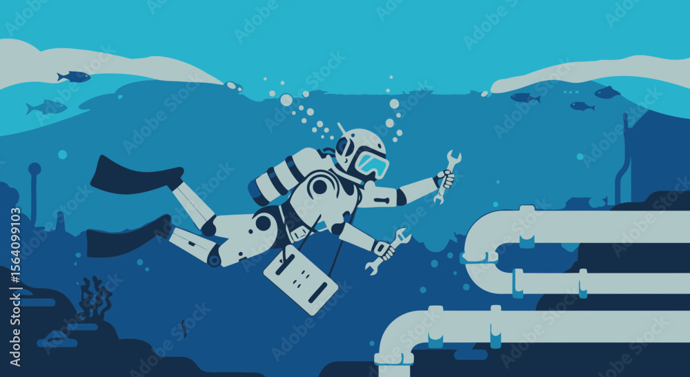 Fototapeta premium Robot Technician Repairing Underwater Pipeline Structure With Modern Technology