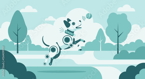 Robot Dog Chasing Ball In Park Illustration With Blue Tone Color
