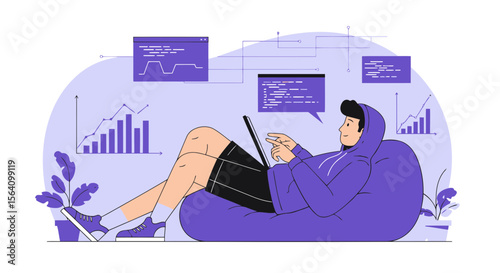 Relaxed Coder Working On Laptop With Business Analytics And Development Program