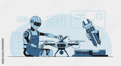 Robot Technician Maintaining High Tech Drone For Future Transport Repair Station