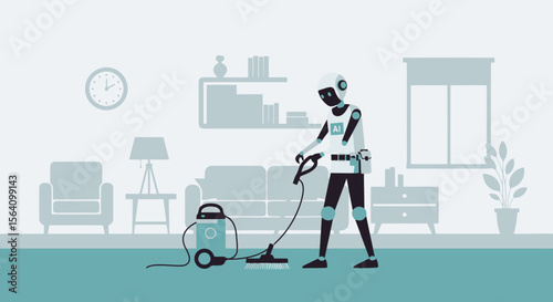 Robot Vacuuming Living Room Depicting Future Home Cleaning Technology Illustration