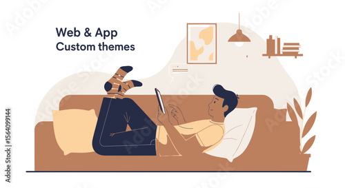 Relaxed Man Using Tablet On Couch For Web And App Custom Themes Design
