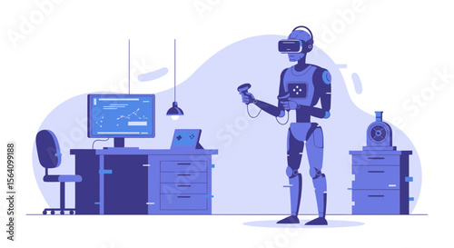 Robot Using Virtual Reality Headset In Futuristic Interior Workplace At Home Or Office