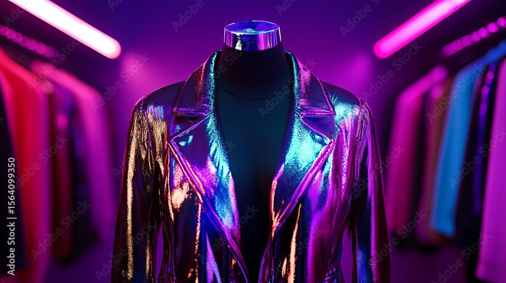 Fototapeta premium Mannequin displays iridescent jacket in a neon lit retail space with clothing racks in the background.