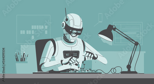 Robotic Engineer Assembling Circuitry With Artificial Intelligence In Futuristic Lab