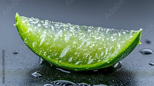 Fresh aloe vera leaf slice with transparent gel and water drops on dark background, natural organic skincare and wellness ingredient.
