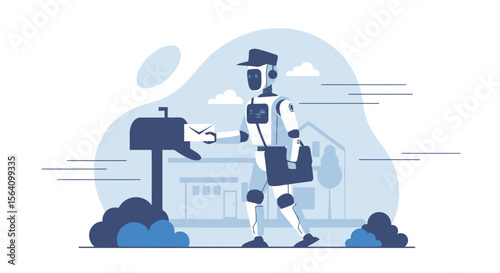 Robot Postman Delivering Mail In A Suburban Neighborhood With Modern Technology