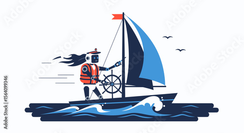 Robot Sailor Navigating The Ocean On A Boat With Wind Blowing Hair