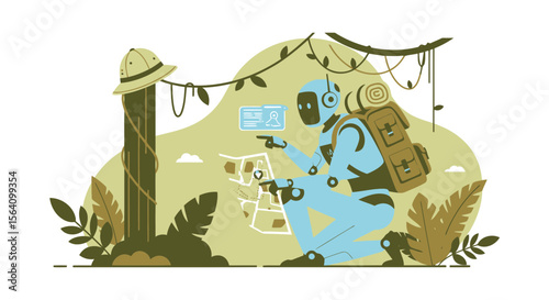 Robotic Explorer Navigating Jungle With Map And Safari Hat Adventure With Artificial Intelligence